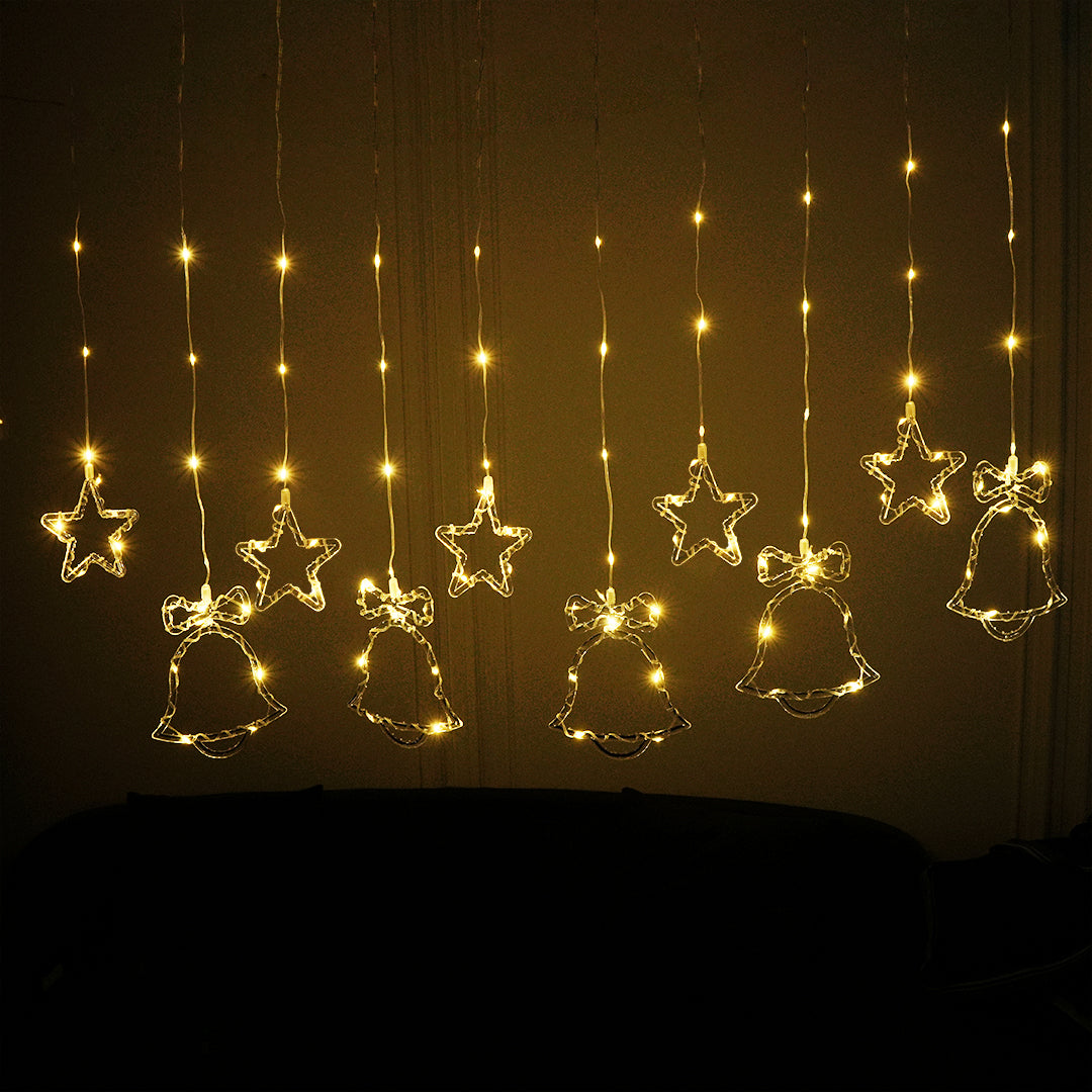 Warm white LED fairy bell and star curtain light with water resistance, perfect for holiday decor.