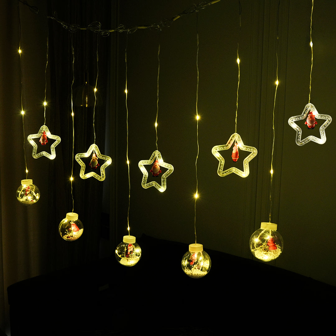 Warm white Christmas star and ball curtain lights, ideal for decorating holiday spaces.