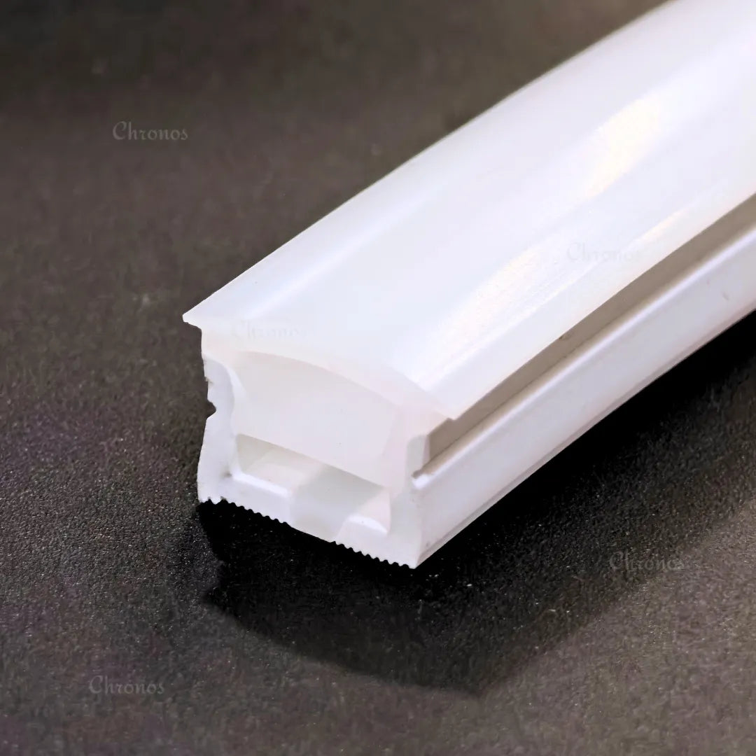 Chronos Lights 12x10mm top-view flexible silicone LED profile with integrated collar for 8mm LED strip lights, providing IP67 waterproof protection and a clean recessed architectural lighting finish.