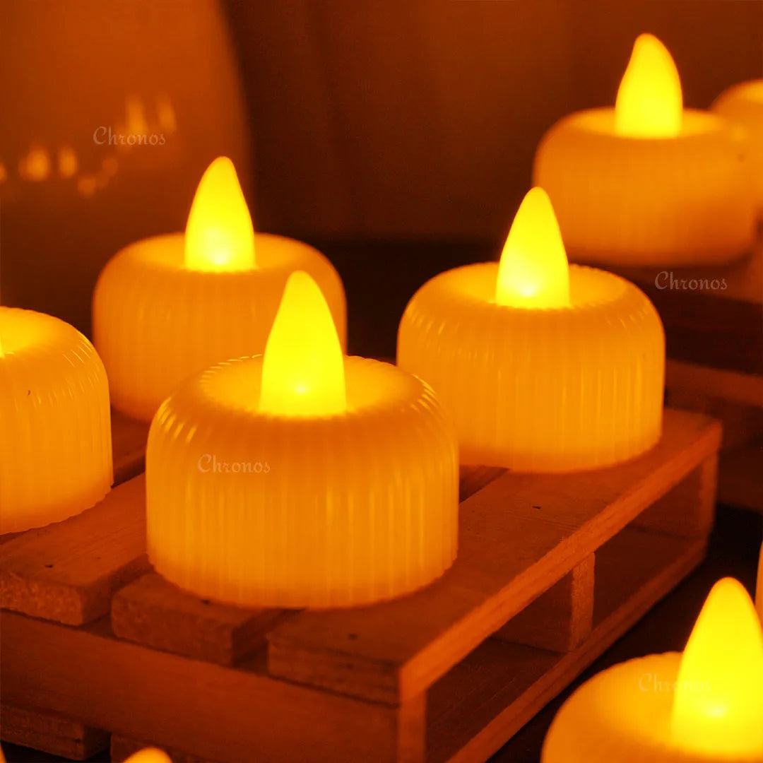 Chronos Lights LED tea light candles in bright amber yellow flameless battery operated design