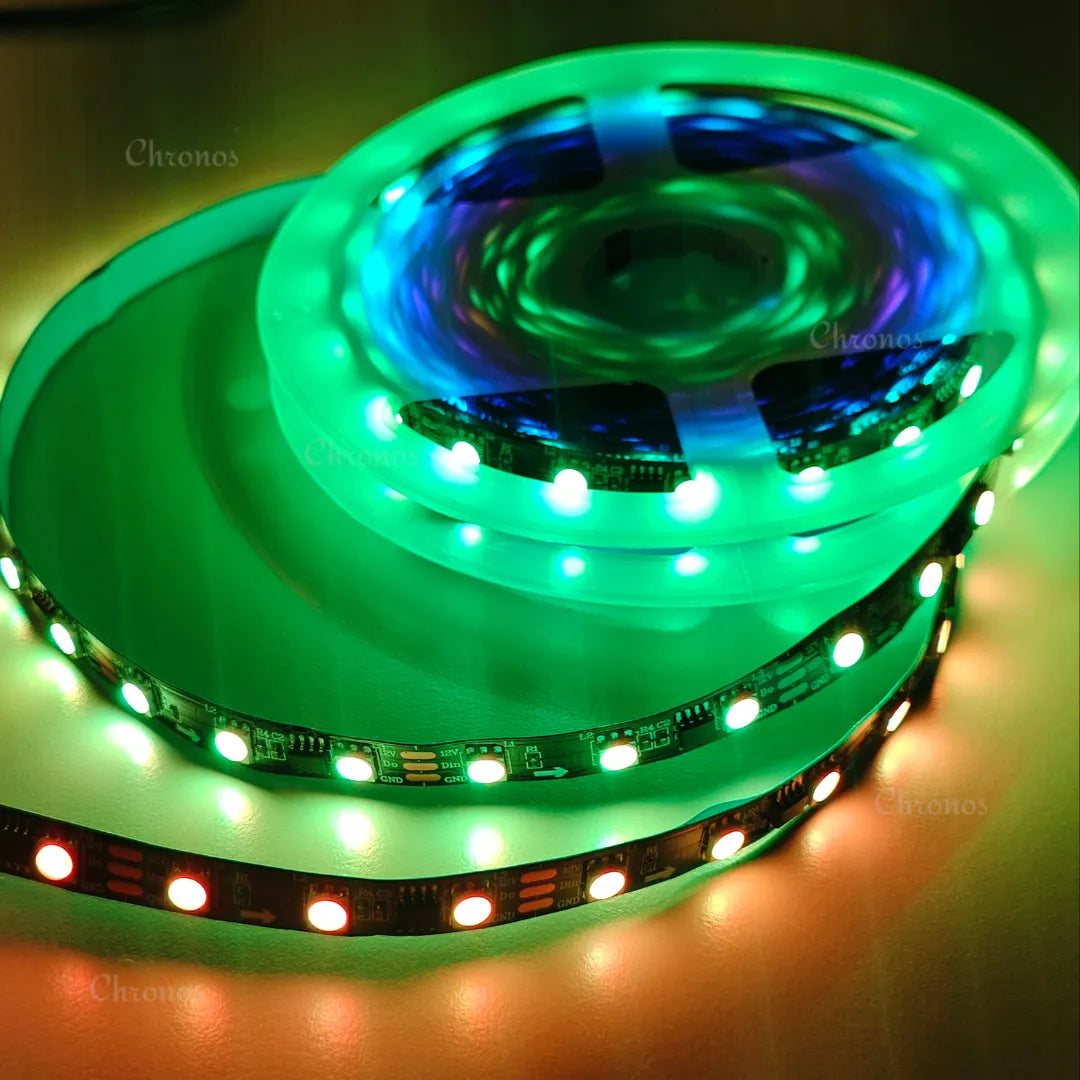 RGBIC strip mounted along the underside of a gaming desk setup