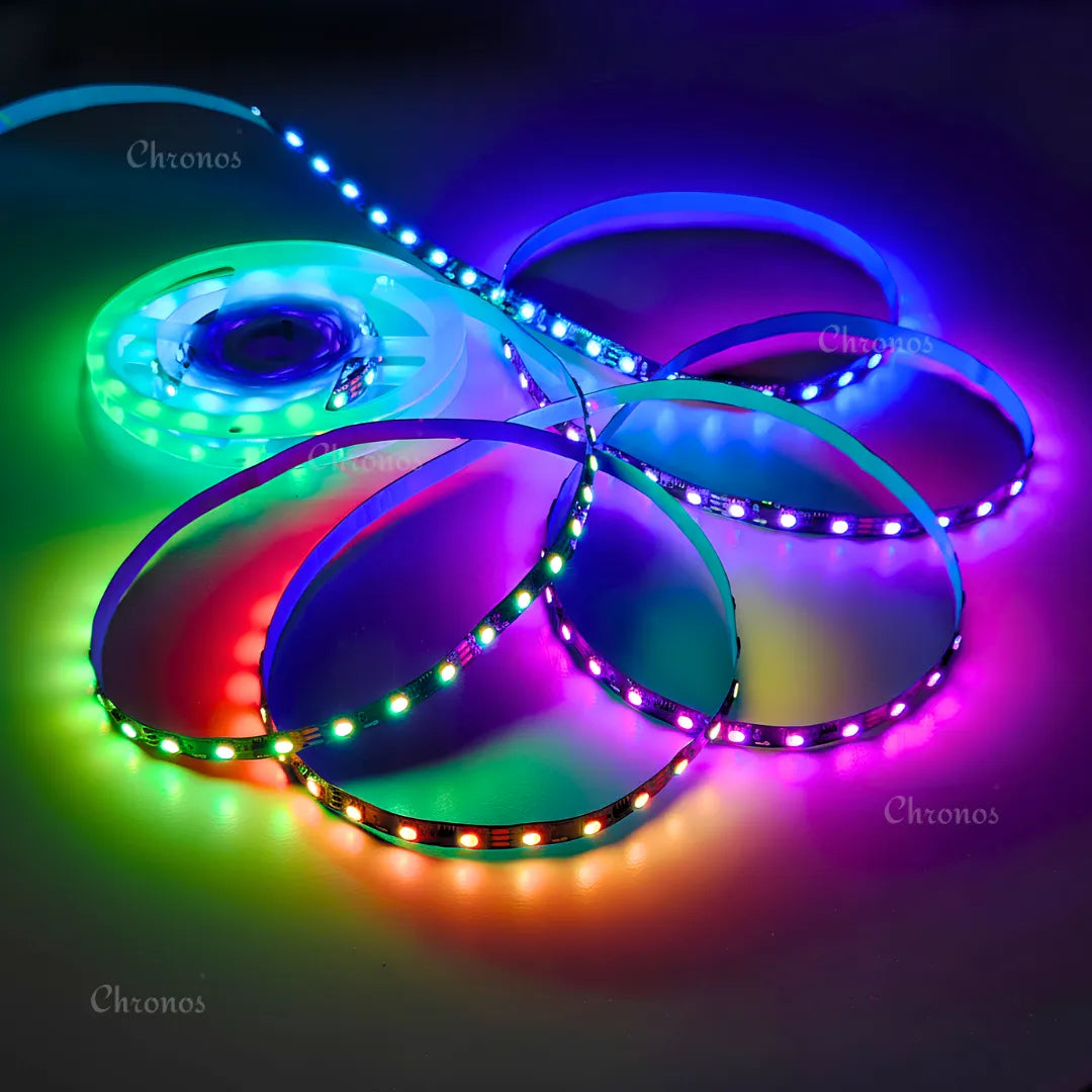 Coiled 5 meter Chronos Smart Pixel RGBIC LED strip with controller attached