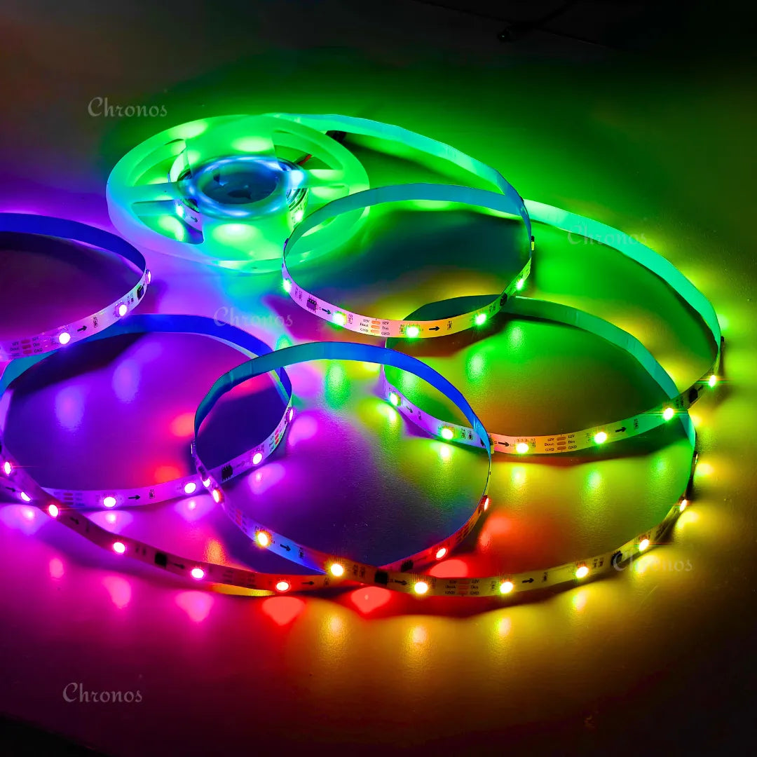 Chronos RGBIC strip glowing with several different colors across its segments at once