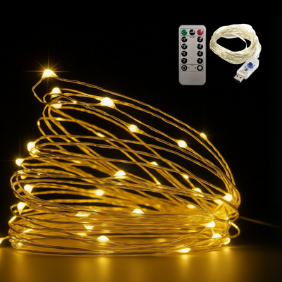Copper Wire Fairy LED String Lights - USB Operated | 8 Function Remote Control | Warm White