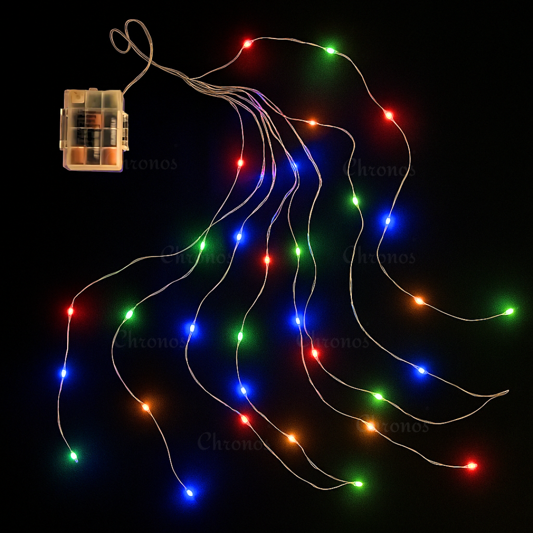 Copper wire fairy LED lights with waterfall effect and vibrant multi-color illumination