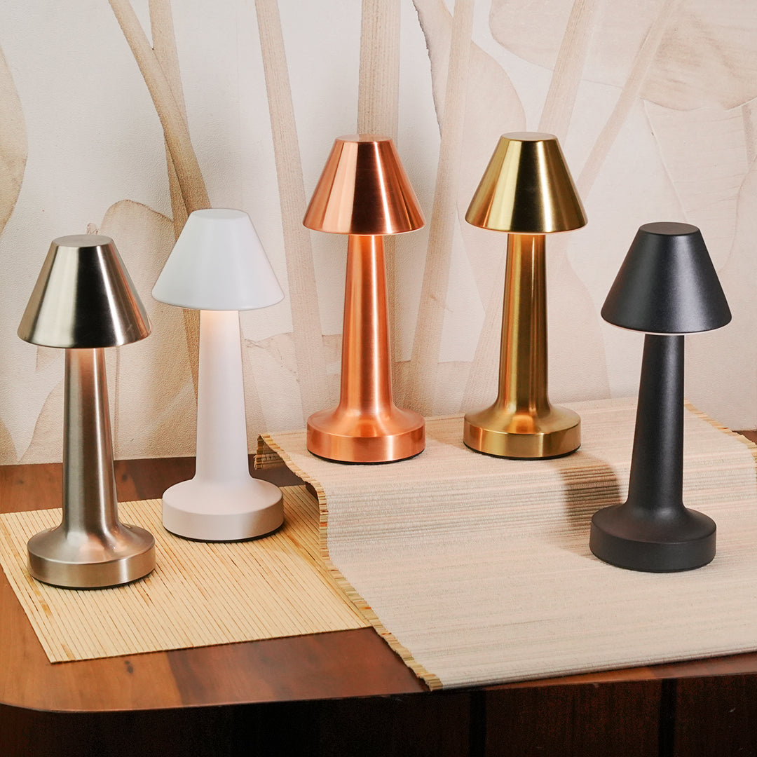 Cordless rechargeable pyramid lamp with touch dimming and 3 light modes