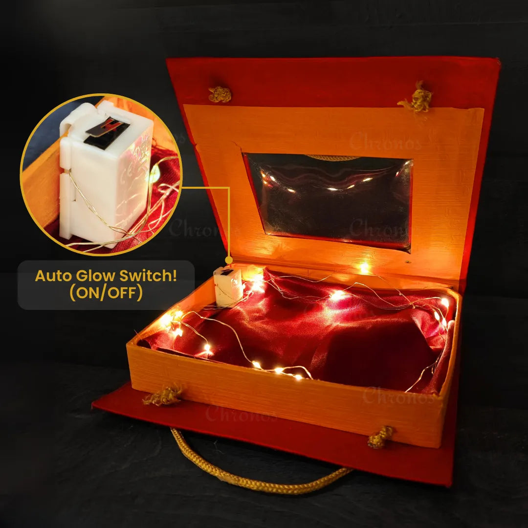 Elegant corporate gift box enhanced with LED fairy lights hung by a hook.