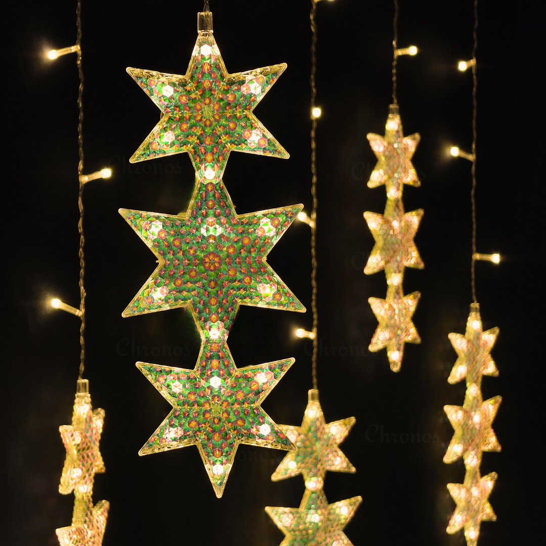 Decorative 3-star curtain lights with 176 LED setup for home and party ambiance
