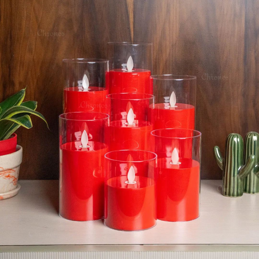 Decorative moving flame LED candle with vibrant red acrylic finish