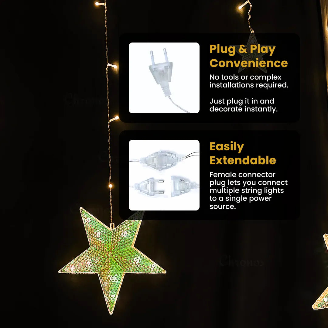 Decorative star curtain lights with 115 LED setup for home and party ambiance