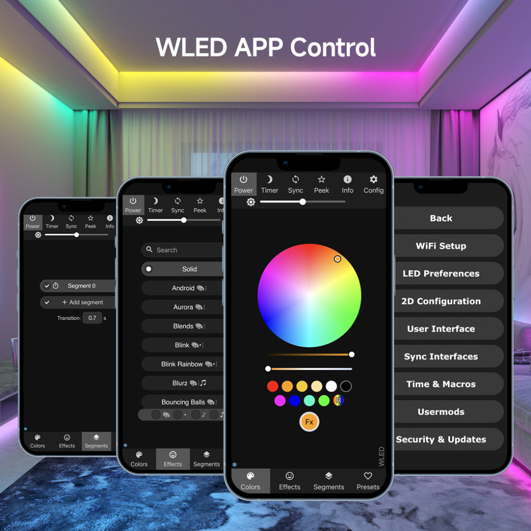 ESP32 LED controller supporting 5V 12V 24V LED strips for flexible installations