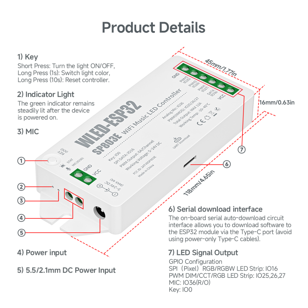 ESP32 LED controller with high power 12A output for large LED installations
