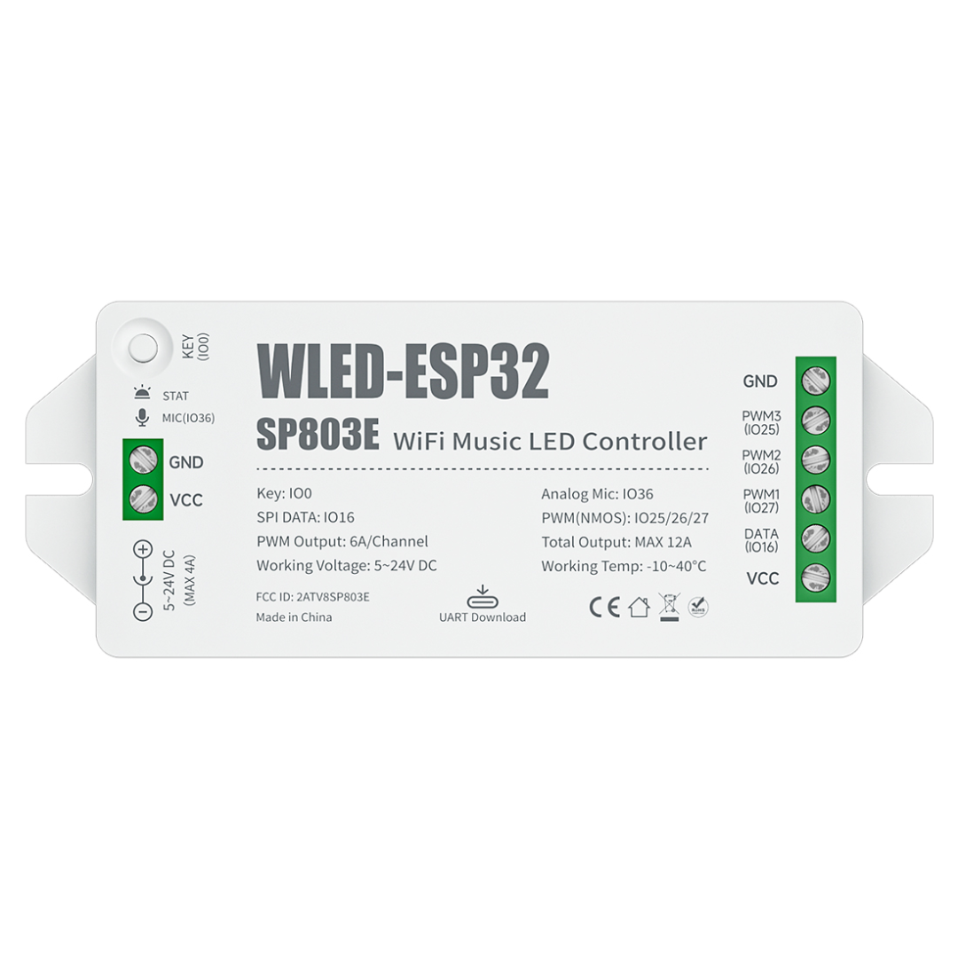 ESP32 WLED WiFi music LED controller SP803E with app control and sound reactive lighting