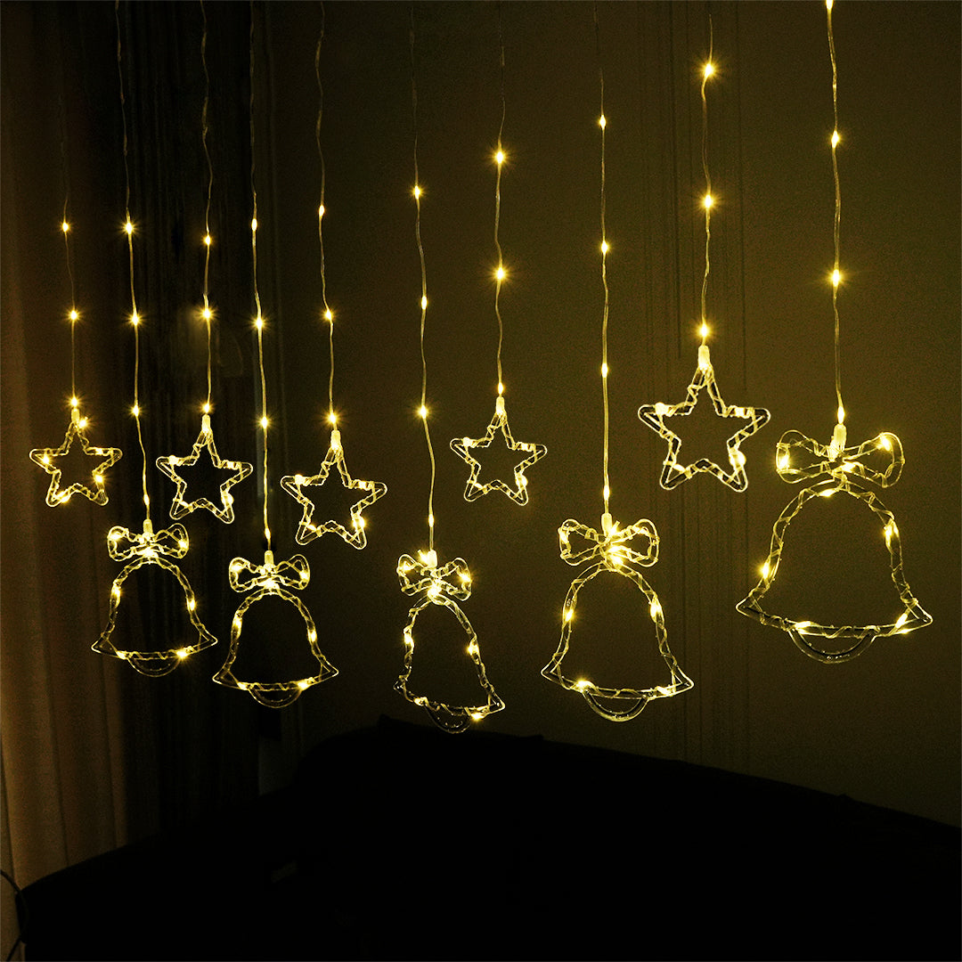 Stunning warm white fairy bell and star curtain light with waterproof design for Christmas celebrations.