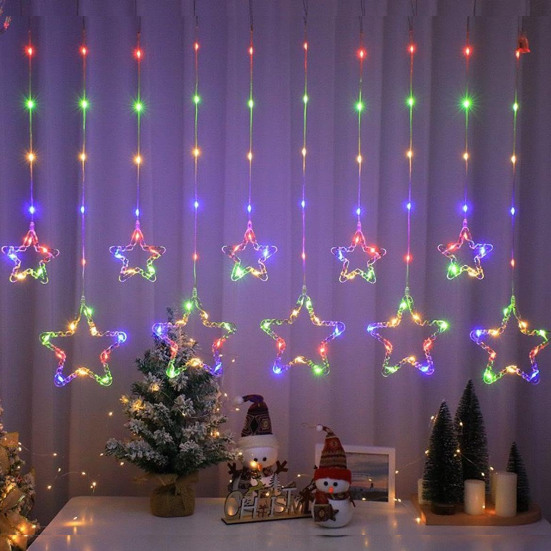 Multicolor LED fairy star curtain light with water resistance, ideal for vibrant holiday decorations.