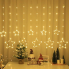 Warm white LED fairy star curtain light with water resistance, perfect for indoor and outdoor festive decor.