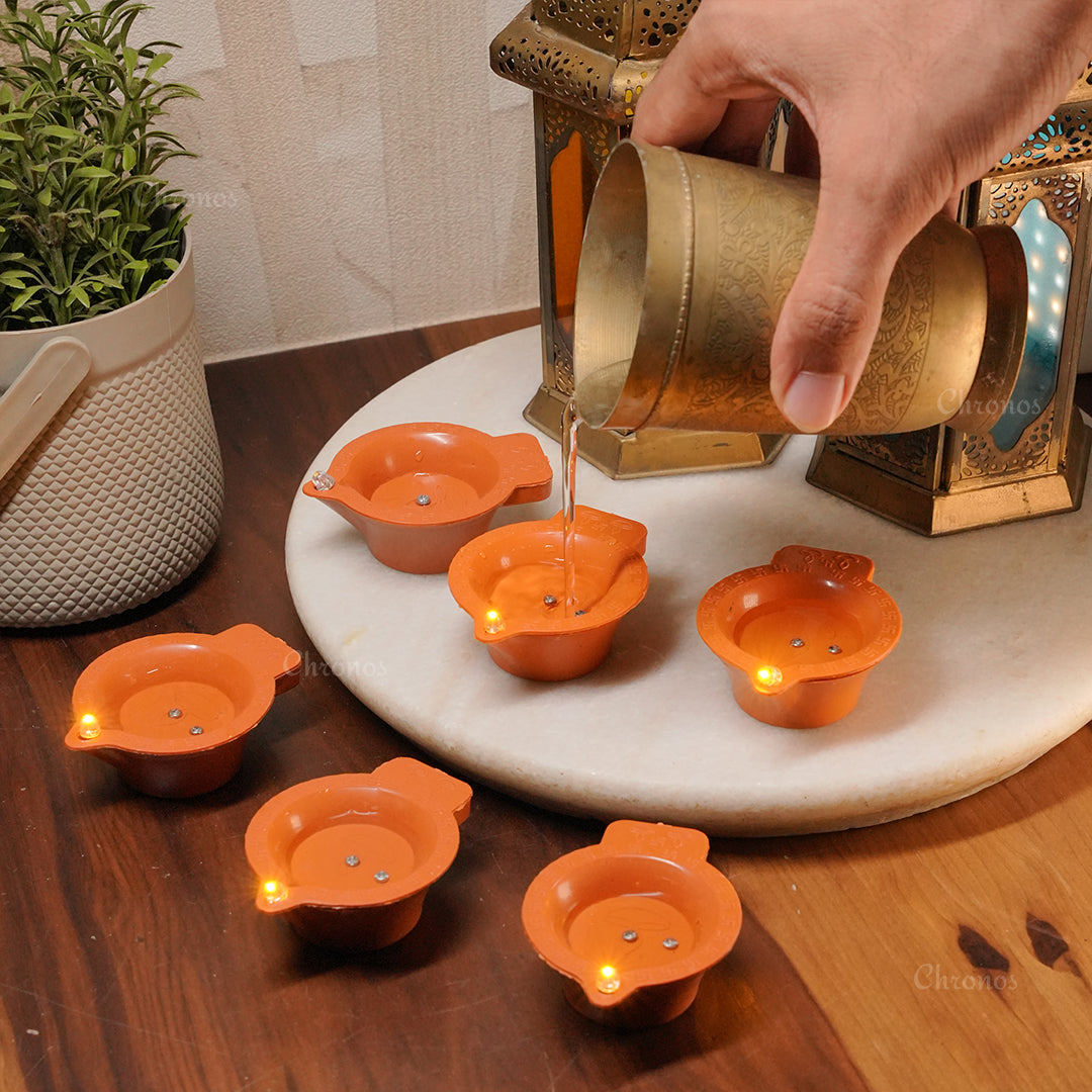 Festive Decor LED Brown Diyas – Ideal for Mandap, Pooja Room, and Home Decoration with Magical Water Activation – Chronos Lights