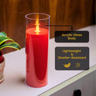 Festive LED candle with red acrylic finish for celebrations and home ambiance