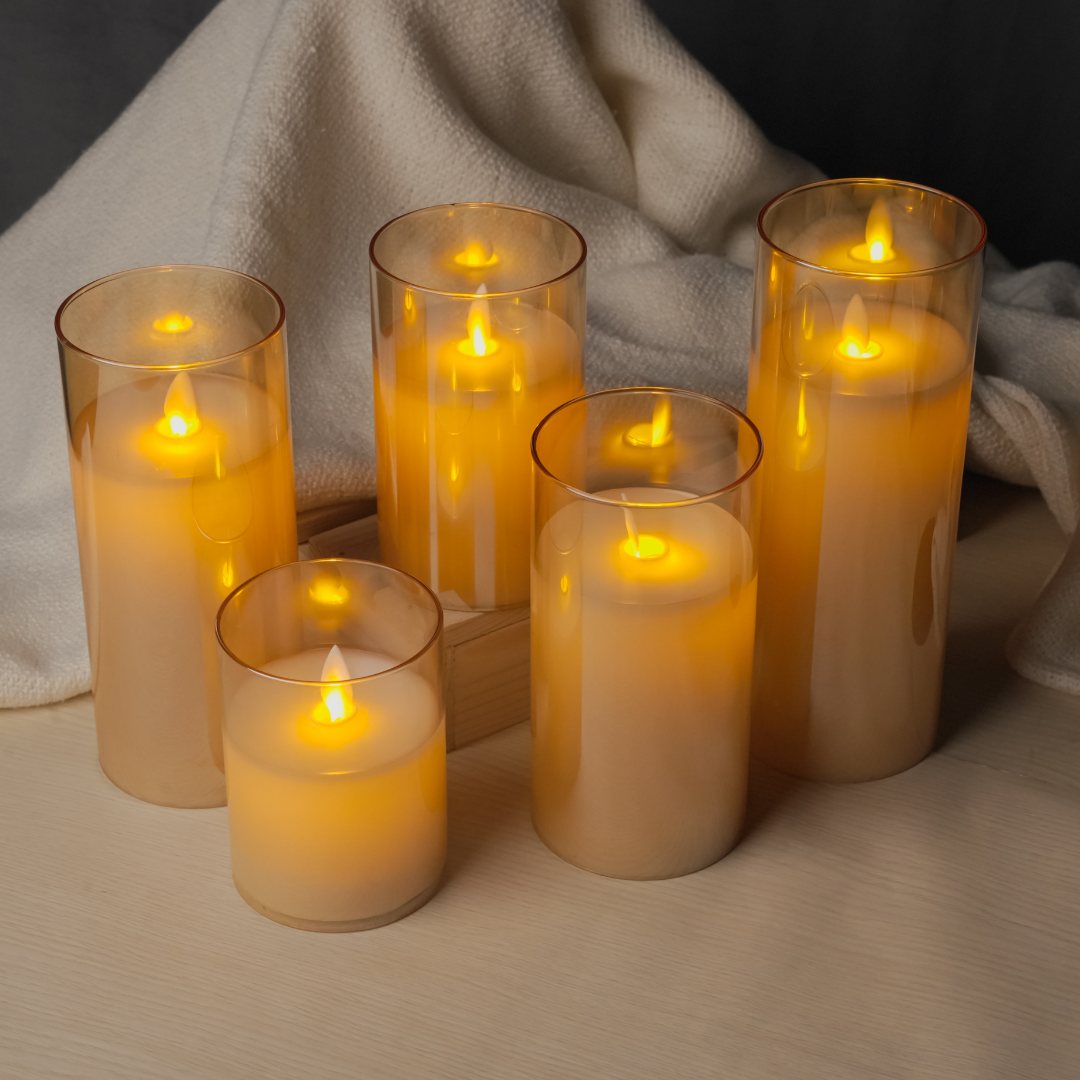 Flameless LED candle in golden glass design, safe and elegant for celebrations