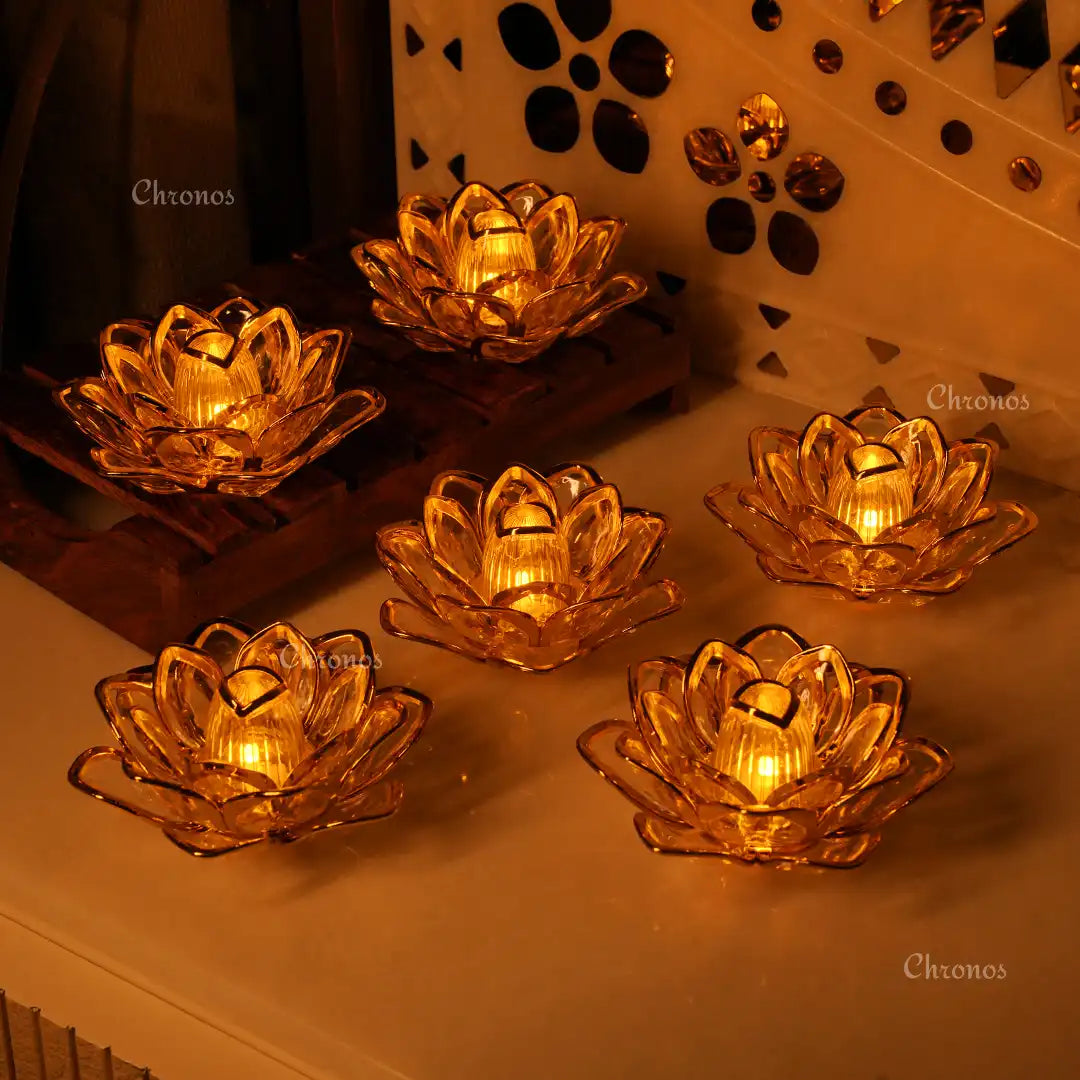 Flameless Golden Lotus LED Candles – Safe & Smokeless Festival Decor