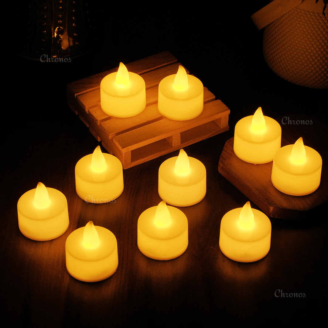 Safe flameless LED tea light candles for home, pooja, dinner tables, and celebration decorations
