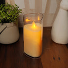 Battery-operated LED pillar candle with flickering flame effect, safe for homes with children and pets.