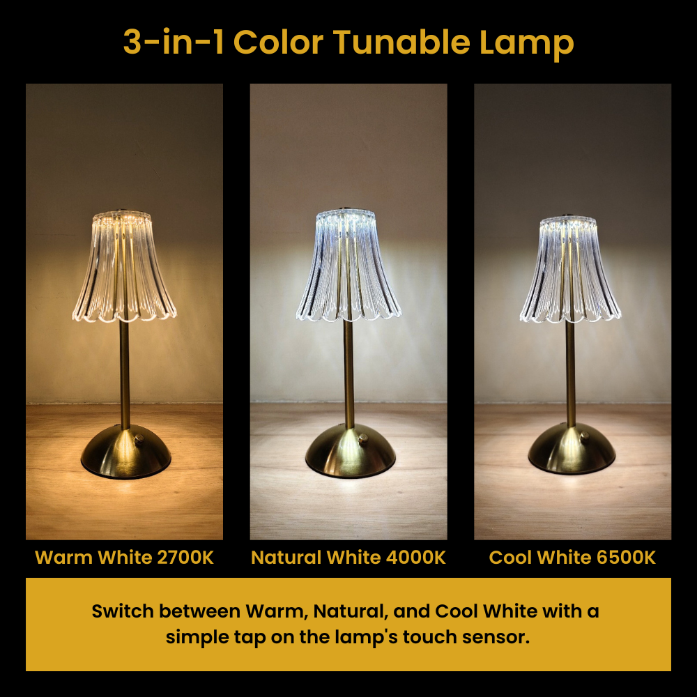 3-in-1 color tunable lamp showing warm, natural, and cool white light on a wooden surface.