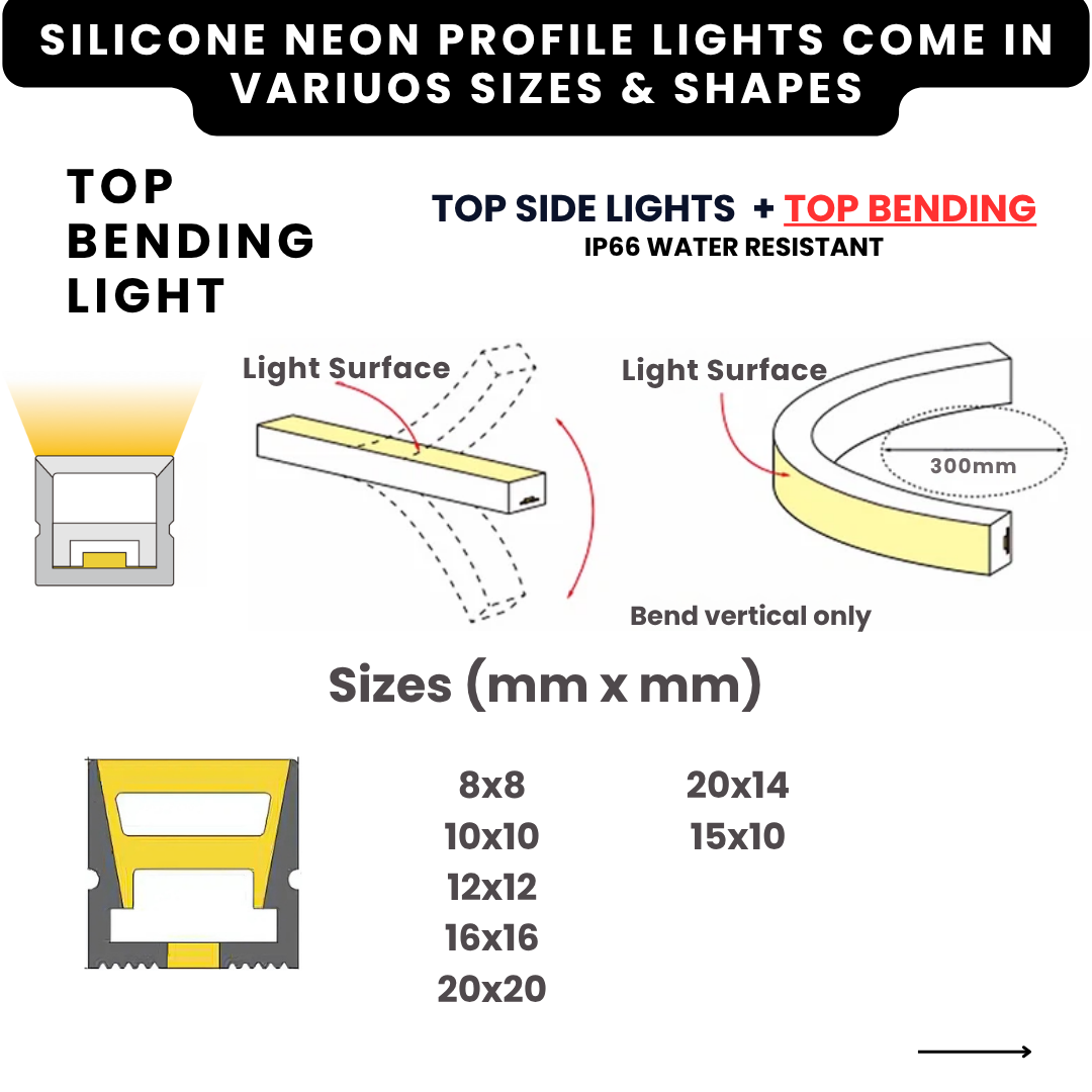 Front bend silicone neon profile light, 20×14 mm.