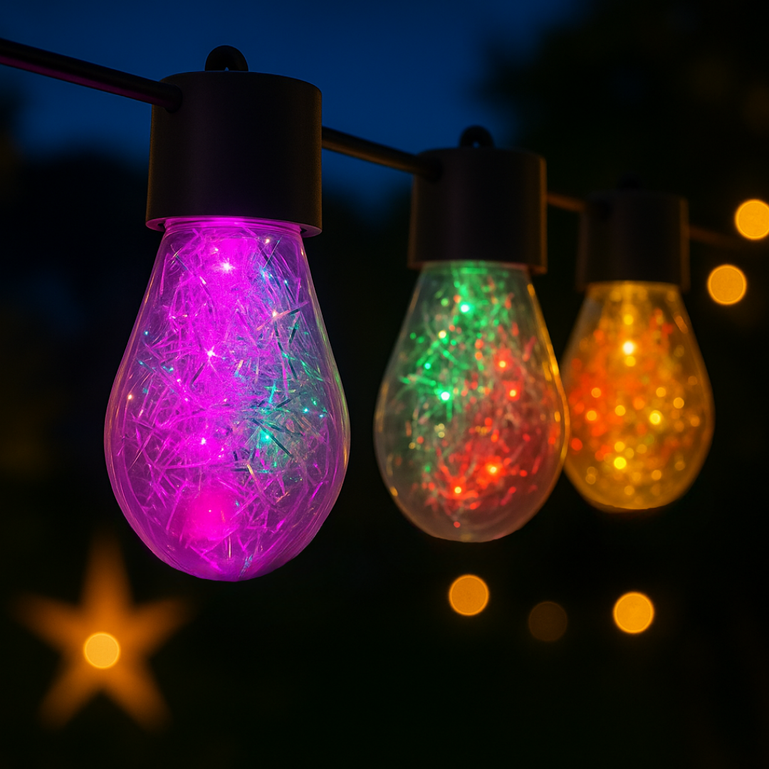 Waterproof string lights wrapped around patio umbrella
