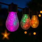 Waterproof string lights wrapped around patio umbrella