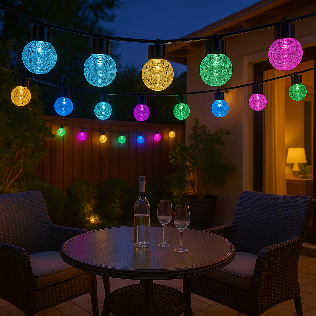 G50 RGBIC waterproof outdoor string lights on a modern balcony  