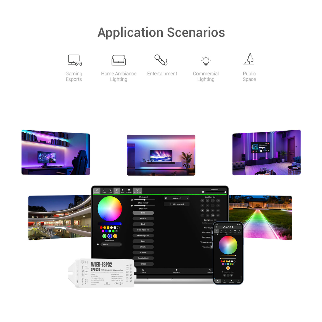 Gaming room LED lighting setup with WLED controller showing colorful effects