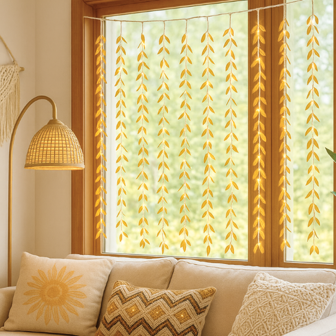 Decorative Golden Leaf Fairy Curtain Lights – 10ft x 3ft with 200 LEDs – Ideal for stage, photo booth, and festive home decoration – Chronos Lights