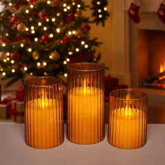 Pleated Acrylic Glass LED Moving Flame Pillar Candle | Brown