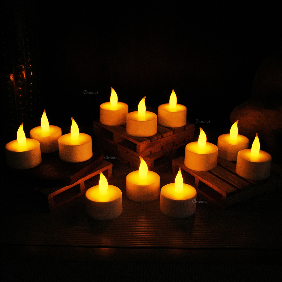 Pack of 12 rechargeable LED tea light candles perfect for weddings and festivals.