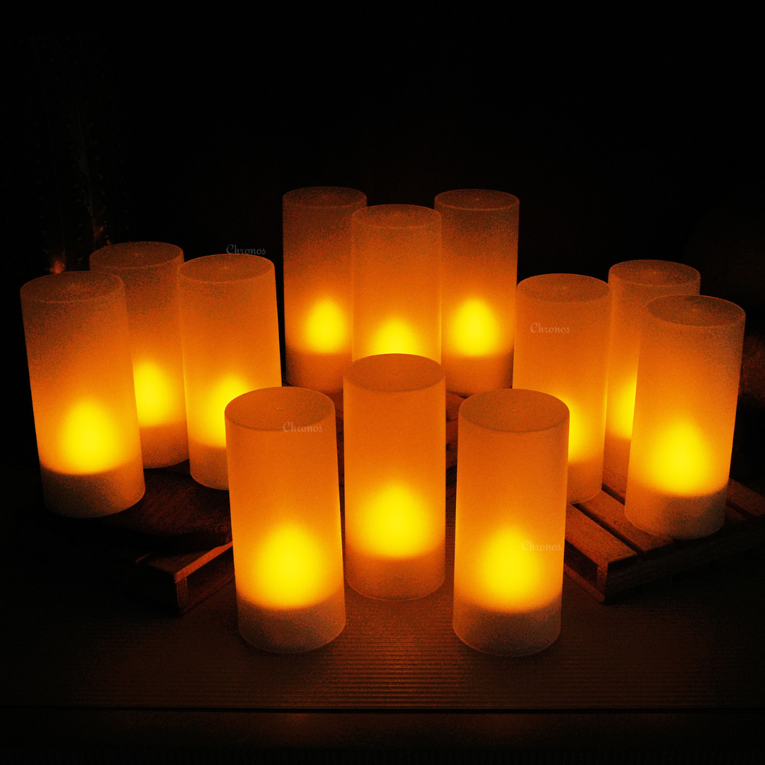 LED tea light candles with a USB charging base for up to 500 recharge cycles.