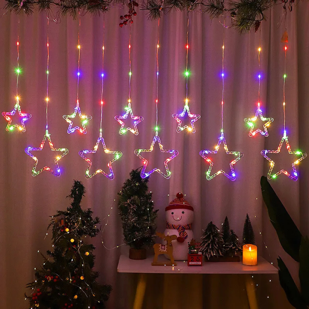 Eye-catching multicolor fairy star curtain light with waterproof design for festive celebrations.