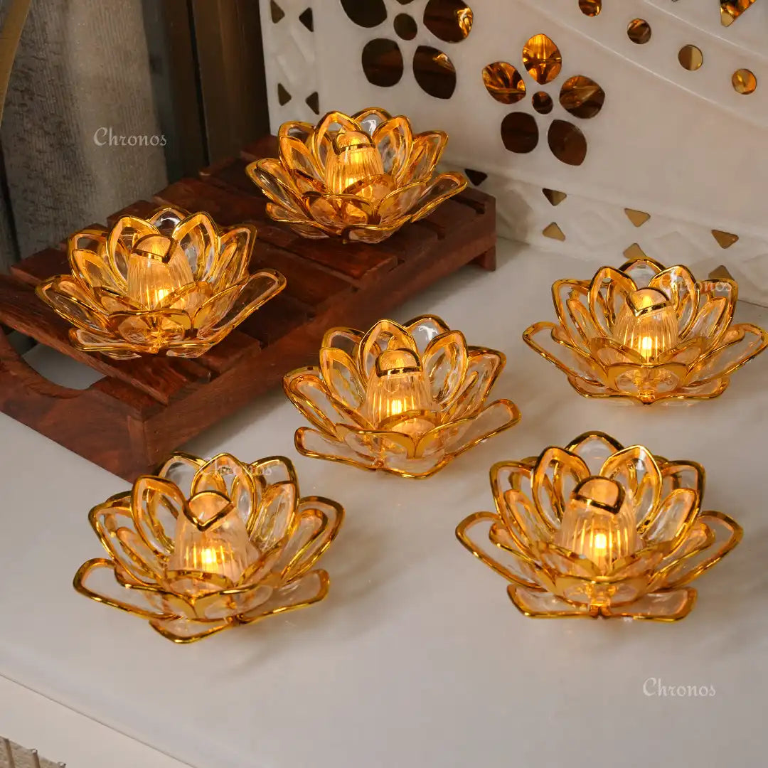 LED Golden Lotus Tealight Candle Pack of 6 – Elegant Flameless Lighting