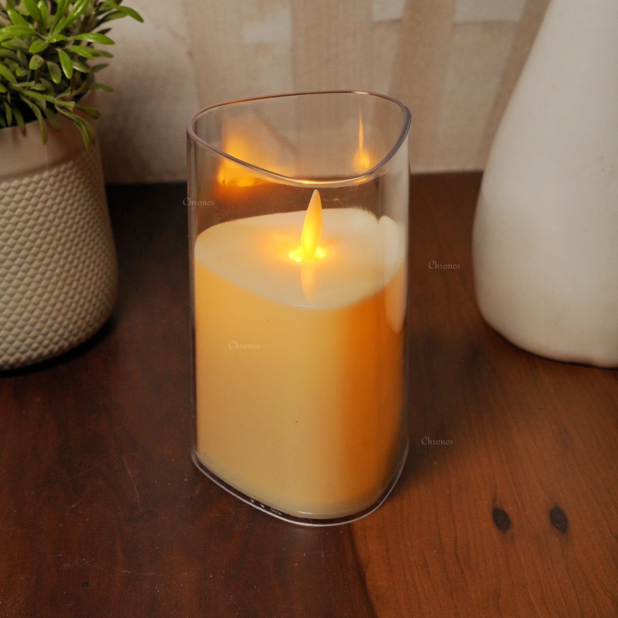 Flameless LED moving flame candle with unique triangular and classic designs for festive decor.