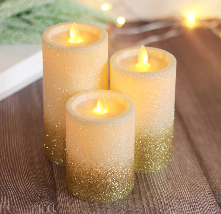 LED moving flame glitter candle placed on a wooden shelf, creating a warm white ambient glow perfect for cozy home décor.