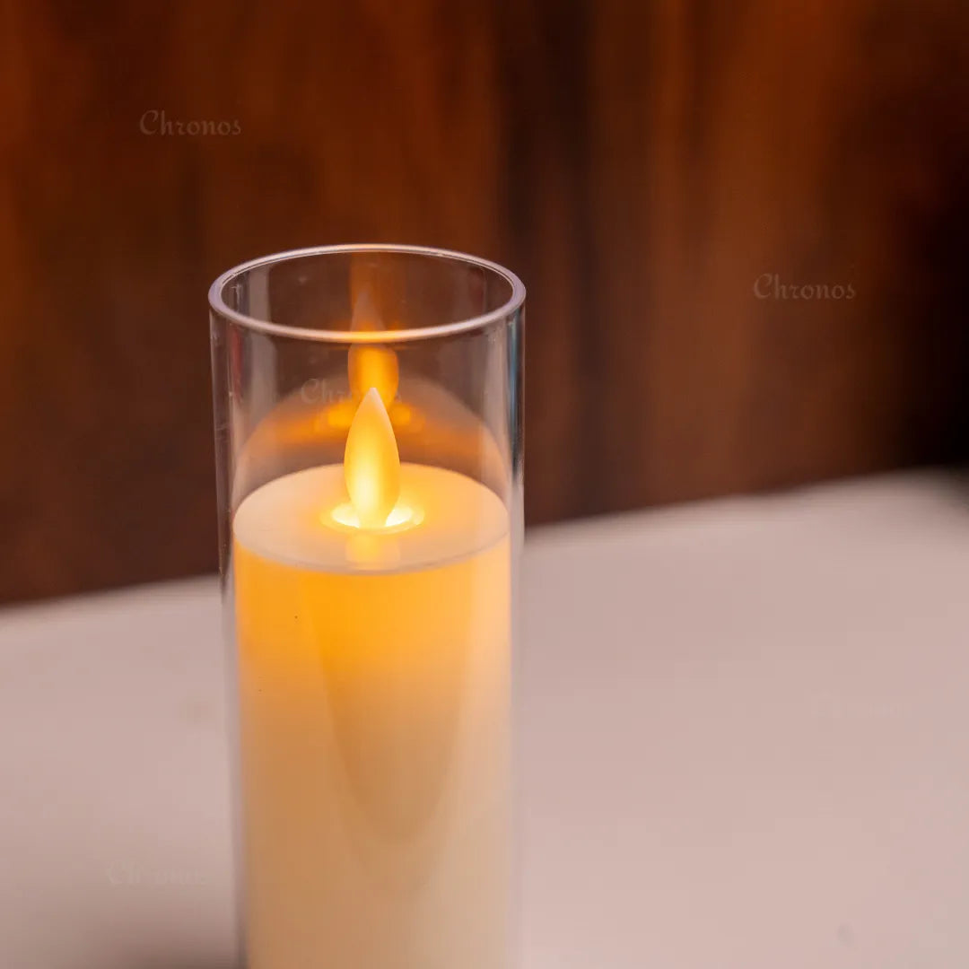 LED moving wick candles with premium acrylic glass look finish and warm glow