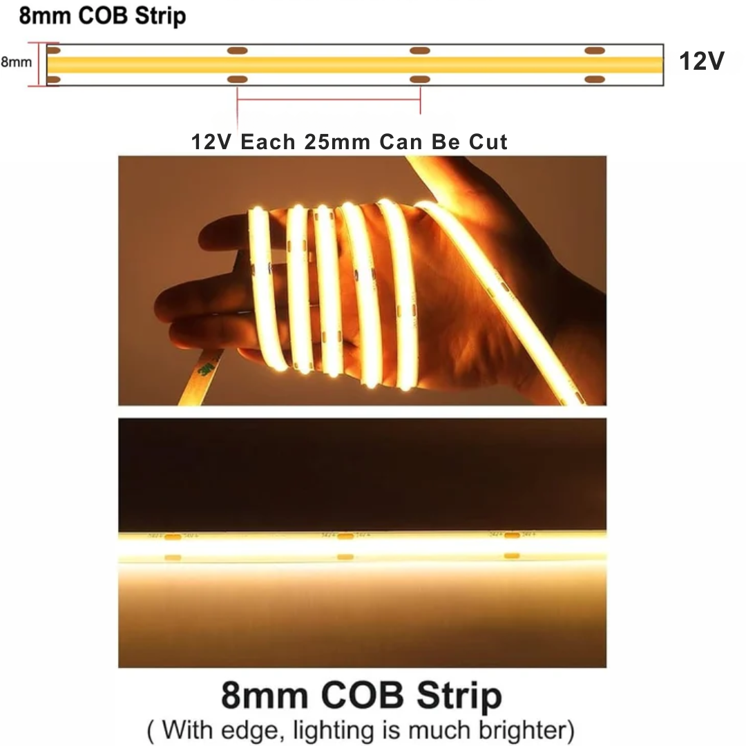 8mm White LED Strip Light – 12V COB Dotless – Ultra Bright & Energy Efficient