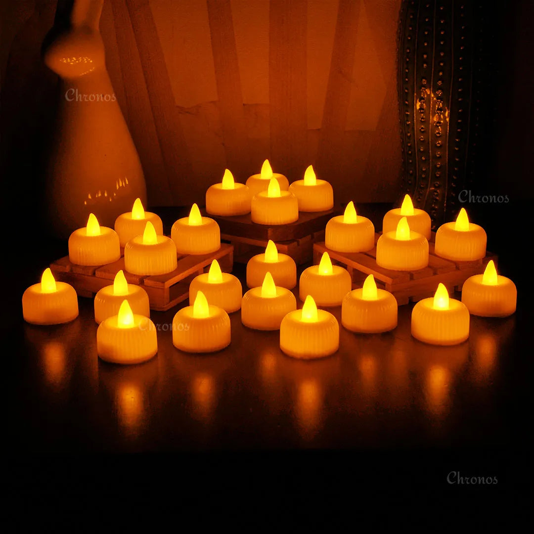 Chronos Lights mandir décor LED tea lights in amber yellow for prayer setups