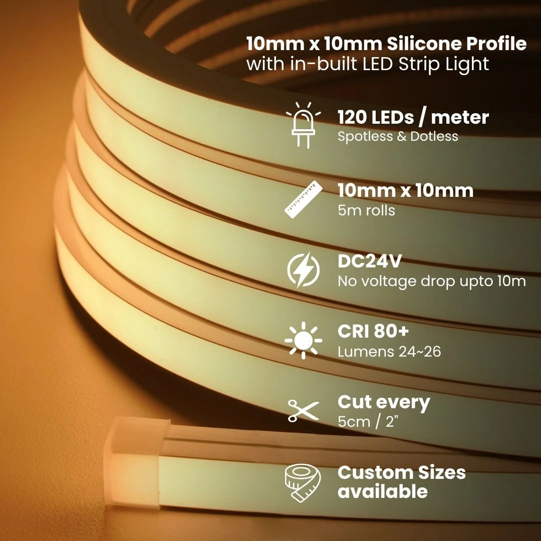 Water resistant silicone neon profile, 10 mm square.
