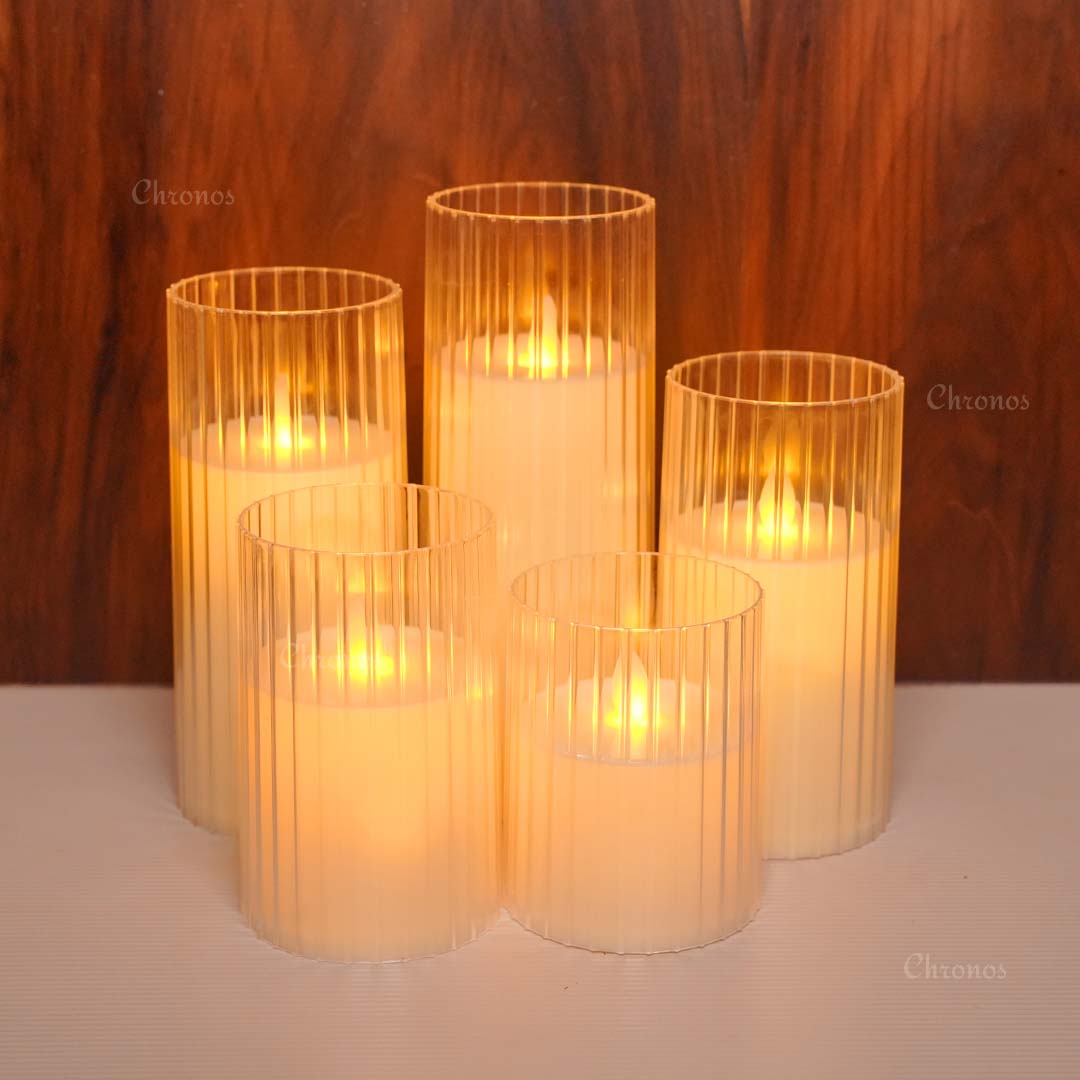 Pleated acrylic glass LED moving flame pillar candle with transparent elegant design and realistic flickering glow