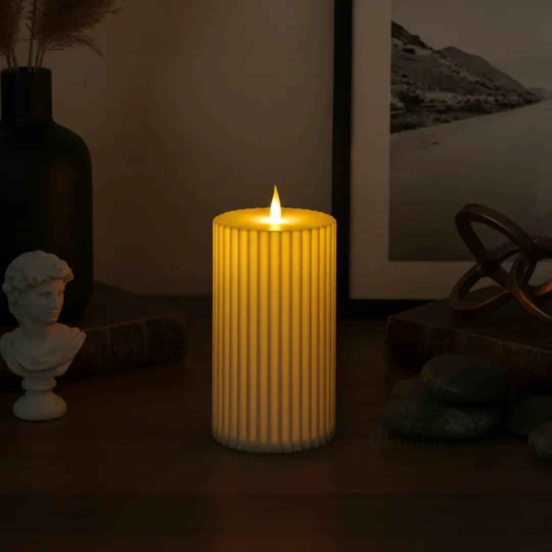Pleated ivory LED candle for table and shelf decor