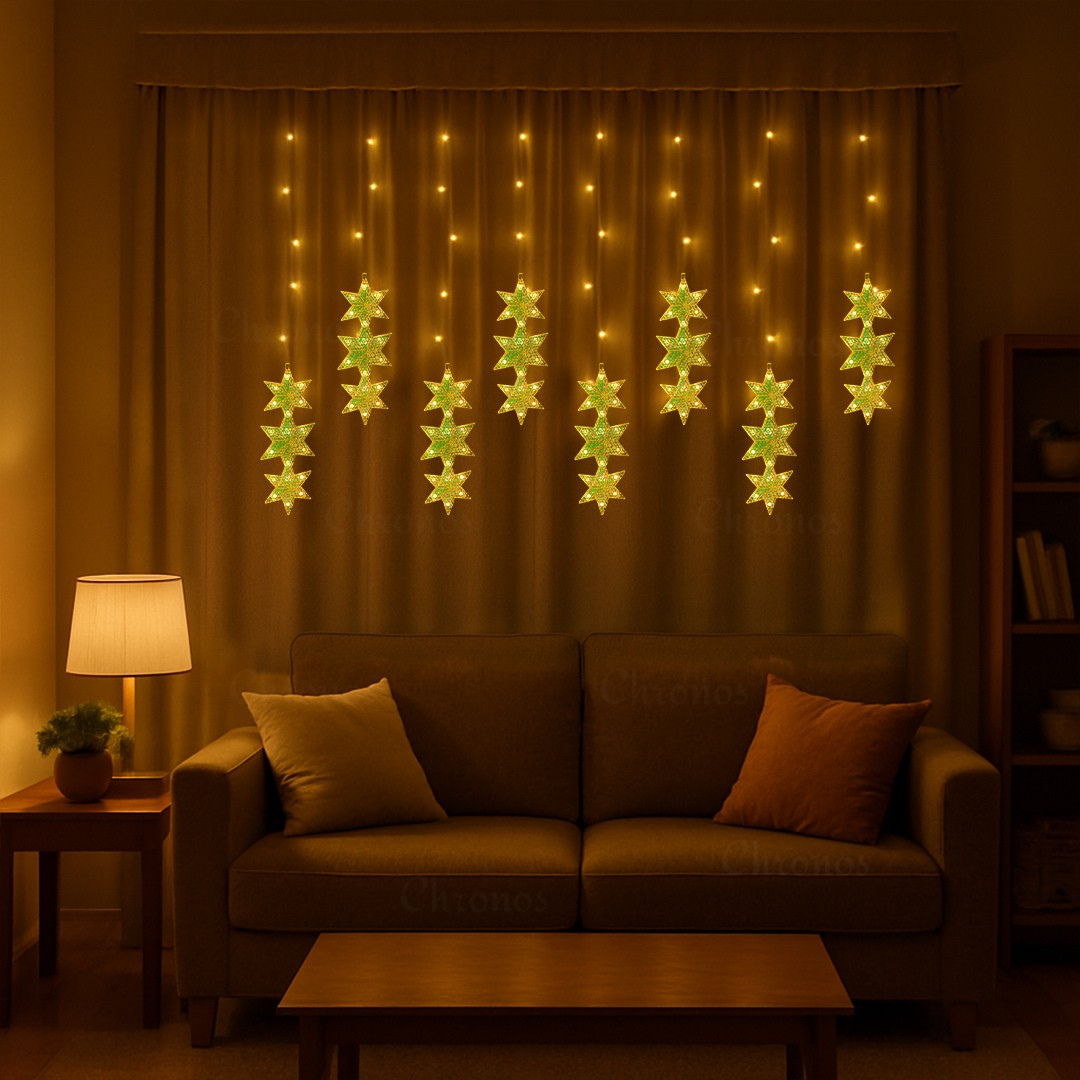 Premium 3-star curtain string lights with warm white 176 LEDs for elegant decorative lighting