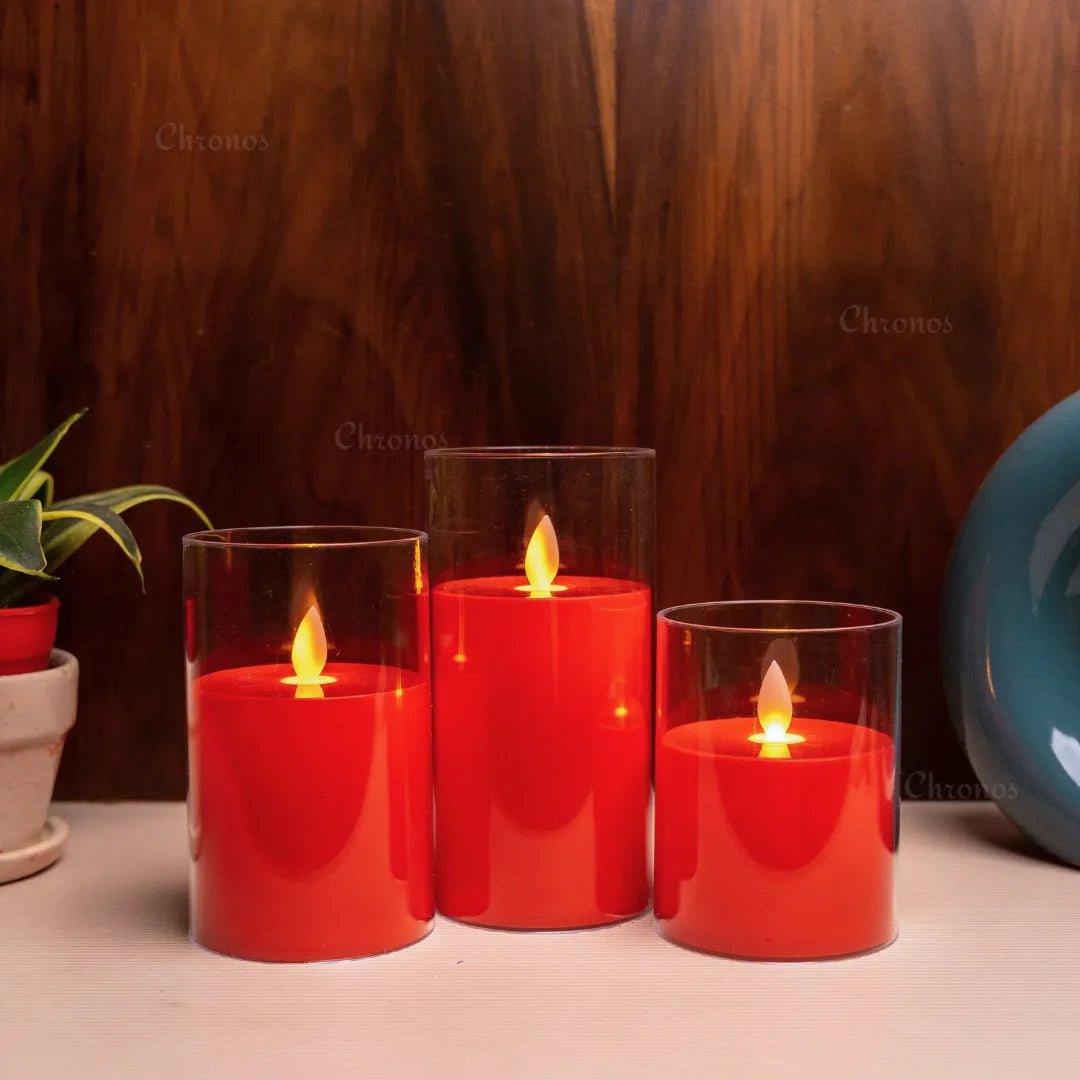 Premium red acrylic glass LED candle with realistic moving flame glow