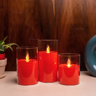Premium red acrylic glass LED candle with realistic moving flame glow