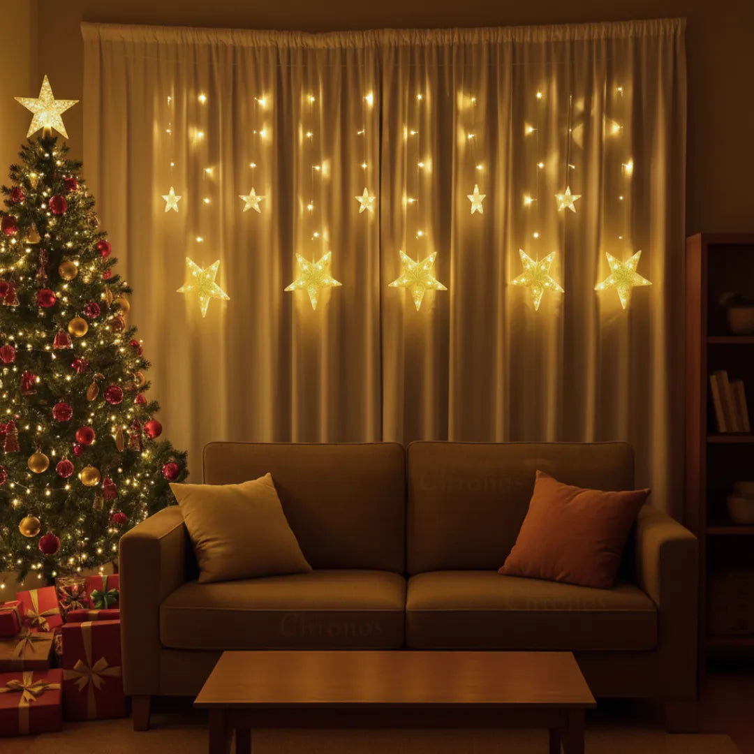 Premium star curtain string lights with warm white 115 LEDs for elegant decorative lighting
